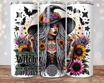 Bicchiere sottile da 20 once "Oggi l'umore è da strega", Fiori di strega in formato PNG, Divertente bicchiere da strega di Halloween con stampa a sublimazione, Download digitale senza soluzione di continuità