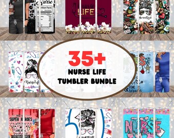 May include: A bundle of 35+ colorful tumblers featuring various designs related to the nursing profession. The designs include a nurse in scrubs, a stethoscope, a heart, and the text "Nurse Life".