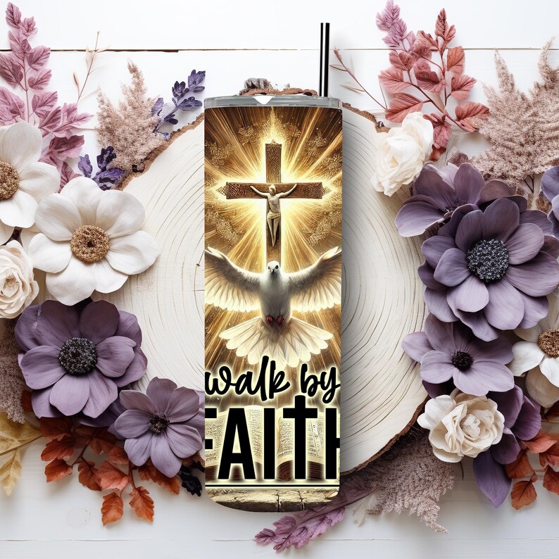 May include: A stainless steel tumbler with a religious theme. The design features a cross with Jesus, a dove, and the words "walk by faith" in black. The tumbler has a black straw and a silver lid.