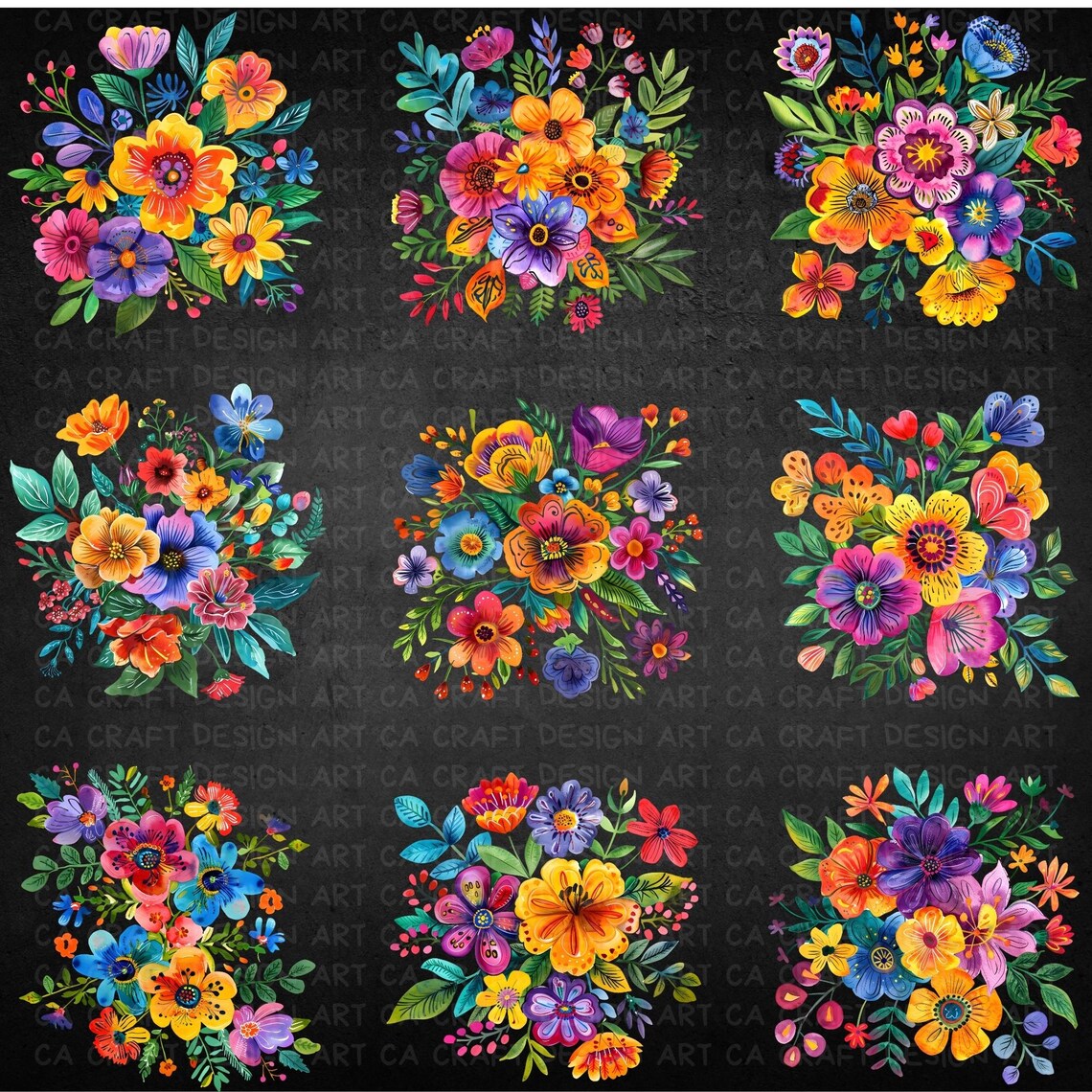 Mexican Flowers Fiesta Party Clipart Bundle, Watercolor Vibrant Floral ...