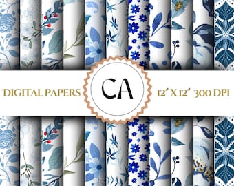 Toile de Jouy Bezszwowy wzór Francuski Toile kwiatowy wzór Vintage kwiatowy papier cyfrowy Niebieski kwiatowy śmieciowy papier dziennikowy Wzór Chinoiserie