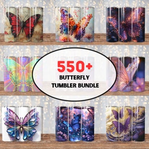 Paquete de más de 550 envoltorios para vasos con diseño de mariposas, vaso holográfico de neón brillante de 20 oz, vaso delgado para sublimación, mariposa morada de acuarela PNG