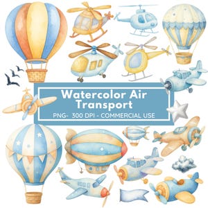 Watercolor Airplane Clipart Bundle: Nursery Transport Illustrations (PNG, 300 DPI)