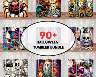 May include: A collection of 90+ Halloween themed tumbler designs. The tumblers feature various spooky and festive designs, including pumpkins, ghosts, bats, and skeletons. The designs are colorful and vibrant, and they would be perfect for adding a touch of Halloween cheer to any home.