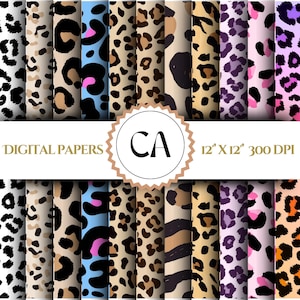 以下が含まれることがあります： 黒、茶色、ピンク、青、紫など、さまざまな色のレオパード柄が特徴のデジタルペーパー12枚セット。ペーパーは30.5cm×30.5cmで、解像度は300DPIです。
