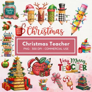 Può includere: Una collezione di illustrazioni a tema natalizio. Matite decorate come personaggi festivi, insieme a un barattolo con l'etichetta "Teacher Fuel" e pile di libri. L'immagine include il testo "Christmas Teacher" e "Very Merry Teacher".