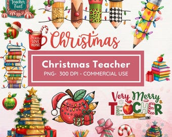 Puede incluir: Una colección de ilustraciones navideñas. Lápices decorados como personajes festivos, junto con un tarro con la etiqueta "Teacher Fuel" y pilas de libros. La imagen incluye el texto "Christmas Teacher" y "Very Merry Teacher".