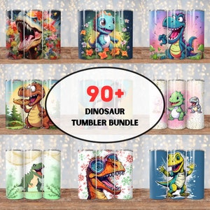 90種類以上の恐竜タンブラーラップセット、ベビー恐竜昇華デザイン、ワイルドライフラプターPNGアルコールインク鮮やかキュート、キッズカートゥーン20オンススキニー