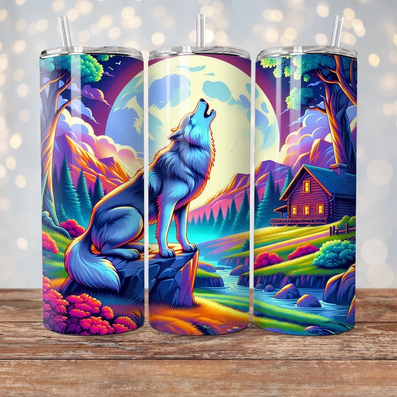 May include: A stainless steel tumbler with a colorful design of a wolf howling at the moon in a forest setting. The design includes a cabin, trees, and a river.