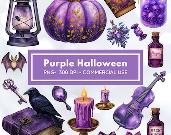 Paarse Halloween-clipartbundel – Witchy Gothic Halloween PNG-set – raaf, schedel, paarse pompoen, drankje, boek, lantaarn – 300 dpi gebruik