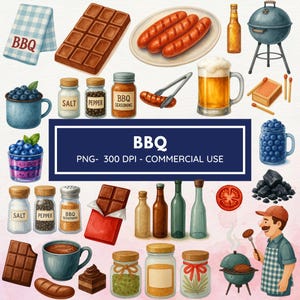 Watercolor BBQ Clipart: Grill, Sauce, Cookout (Commercial License, Digital Download)