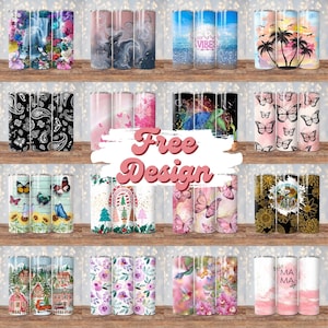 May include: A collection of insulated tumblers with various designs. The tumblers feature patterns such as butterflies, floral arrangements, paisley, and beach scenes. Some tumblers have text, and the color palette includes pink, blue, and black.