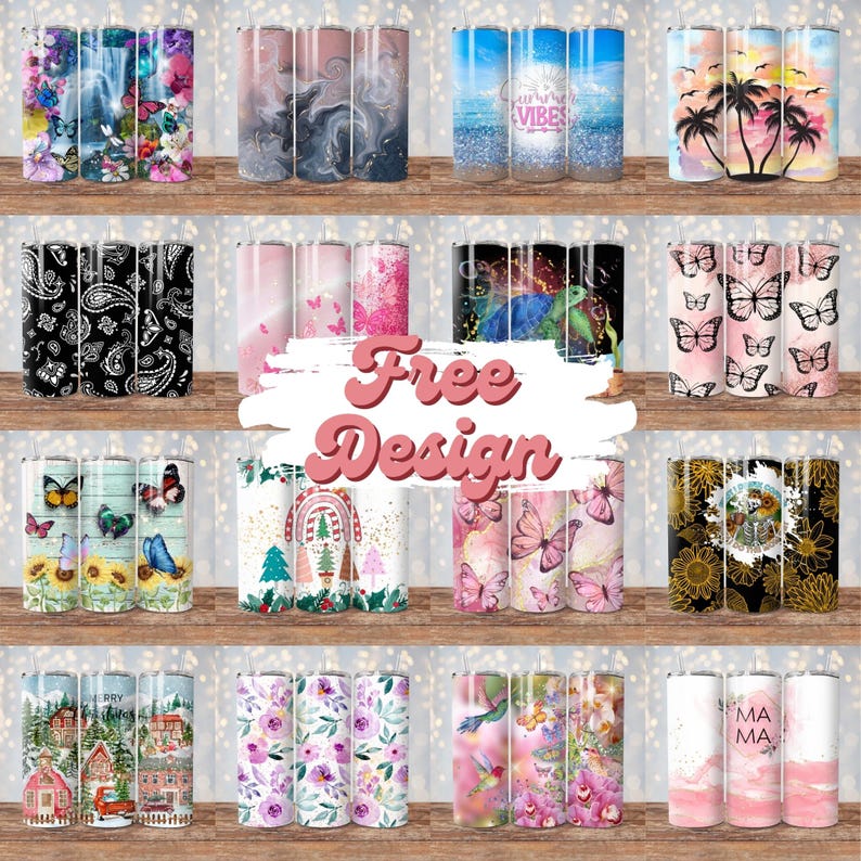 May include: A collection of insulated tumblers with various designs. The tumblers feature patterns such as butterflies, floral arrangements, paisley, and beach scenes. Some tumblers have text, and the color palette includes pink, blue, and black.