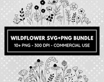 Paquete SVG de flores silvestres, SVG de prado de flores, ramo de flores minimalista, clipart de flores silvestres, SVG de boceto de flores, SVG de borde de flores