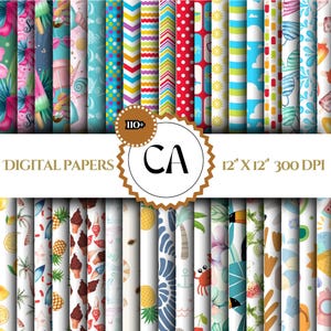 Summer Digital Papers, Summer Pattern Watercolor Scrapbook Paper, Bright Flower Backgrounds, Beach Paper Commercial Use