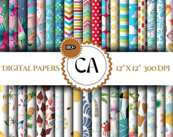 Summer Digital Papers, Summer Pattern Watercolor Scrapbook Paper, Bright Flower Backgrounds, Beach Paper Commercial Use