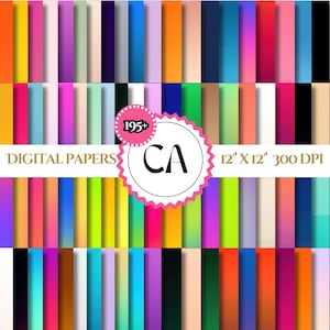Könnte beinhalten: Ein digitales Papierpaket mit über 195 farbenfrohen Verlaufsmustern. Jedes Papier ist 30,5 cm x 30,5 cm groß und hat eine Auflösung von 300 DPI. Der Text "DIGITAL PAPERS" und "CA" ist im Bild sichtbar.