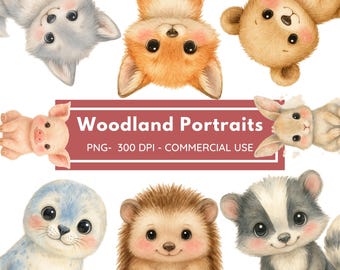 Retratos de bosque en acuarela, imágenes para baby shower, guarderías, animales del bosque bohemio, imágenes de animales lindos, animales bebés