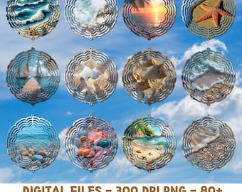 May include: A collection of decorative wind spinner designs featuring beach and ocean themes. Each design is circular with a detailed, openwork metal frame. The images inside depict scenes such as waves, sunsets, seashells, and a starfish. The text at the bottom reads "DIGITAL FILES - 300 DPI PNG - 80+ DESIGNS - WIND SPINNER SUBLIMATION."