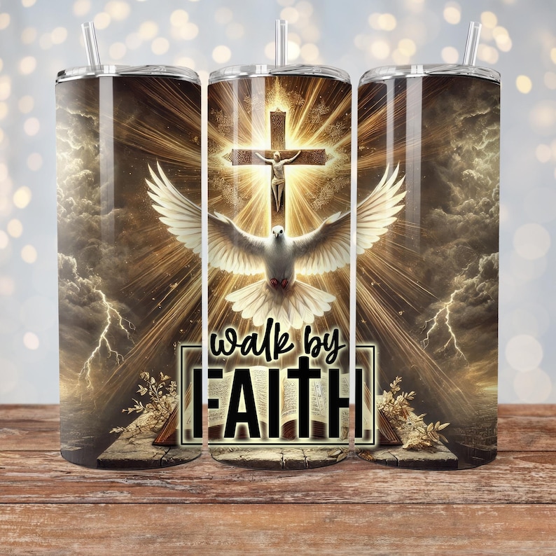May include: A set of three stainless steel tumblers with a religious design. The design features a cross, a dove, and the words "walk by FAITH" on a background of golden light and clouds. Each tumbler has a straw.