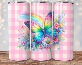 Pink butterflies Tumbler, Butterfly 20 oz skinny tumbler sublimation design Rainbow butterfly digital PNG Straight wrap Waterslide download