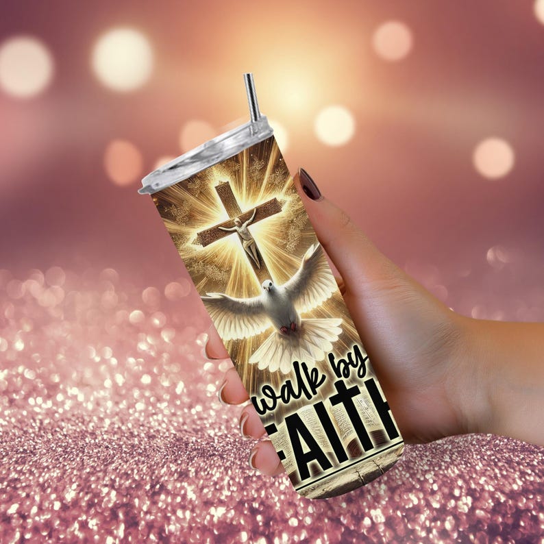 May include: A stainless steel tumbler with a lid and straw. The tumbler features a religious design with a cross, Jesus, and a dove, with the words "walk by FAITH" in black and white.