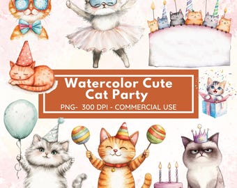 Cute Cat Clipart, Cat Party Watercolor Clipart, Party Animals, Cat Party, Party Clipart - Cute Cats - Clipart Kids - Unlimited Sales License