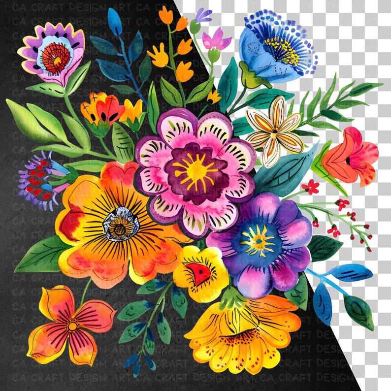 Mexican Flowers Fiesta Party Clipart Bundle, Watercolor Vibrant Floral ...
