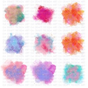 Puede incluir: Nueve manchas de acuarela coloridas en tonos rosa, naranja, azul y verde, con acentos de purpurina dorada. La imagen tiene un fondo blanco y el texto "CA CRAFT DESIGN ART" se repite.