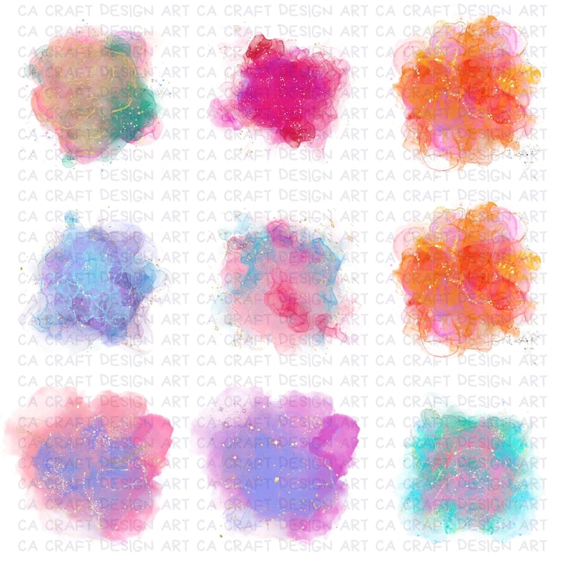 Puede incluir: Nueve manchas de acuarela coloridas en tonos rosa, naranja, azul y verde, con acentos de purpurina dorada. La imagen tiene un fondo blanco y el texto "CA CRAFT DESIGN ART" se repite.