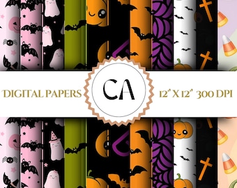Cute Halloween Digital Papers, Spooky Ghost Pumpkin Seamless Pattern, Orange bat Scrapbook paper, Pink Backgrounds, Instant download file