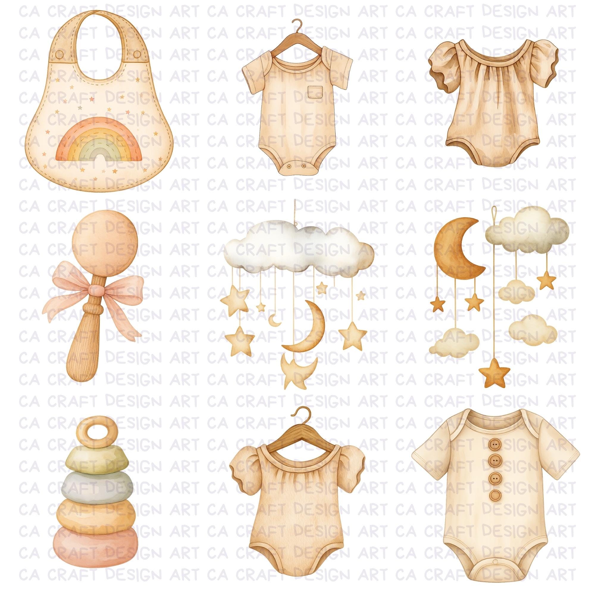 Watercolor Neutral Baby Shower Clipart Bundle, Boho Beige Gender ...