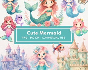 Schattige zeemeermin clipart - zeedieren - pastel - aquarel - onder de zee - png - instant download - kinderen clipart - transparante achtergronden