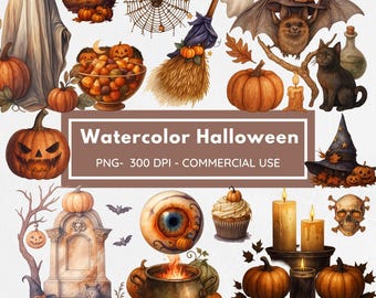 Spooky Cute Clip Art, Watercolor Spooky Clipart, Halloween Graphics, Halloween PNG, Halloween Clipart Bundle, Cute Halloween Clipart