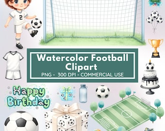 Watercolor Football Clipart Bundle | Soccer Clipart PNG Set | Kids Soccer Birthday Graphics | Football Field Ball Goal PNG | Commercial Use