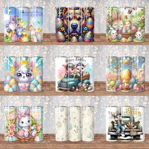May include: Set of nine Easter-themed sublimation designs for tumblers. The designs feature bunnies, chicks, eggs, and other Easter symbols. The designs are in a variety of colors, including pink, blue, yellow, and green. The designs are perfect for creating personalized tumblers for Easter.