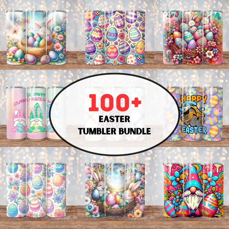 May include: A set of 100+ Easter-themed tumbler designs. The designs feature bunnies, eggs, gnomes, and other Easter symbols. The tumblers are perfect for adding a festive touch to your Easter celebrations.