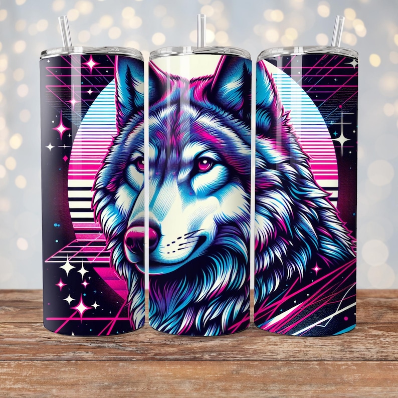 May include: Three stainless steel tumblers with a retro-style wolf design. The wolf is depicted in shades of blue, pink, and purple against a black background with a pink and blue moon and stars.