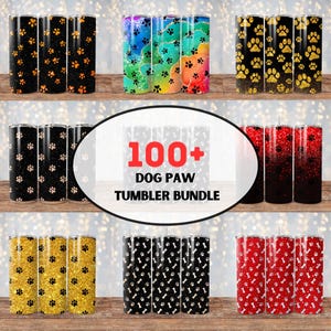 May include: A set of 100+ dog paw print tumblers. The tumblers are in various colors and patterns, including black, gold, red, and white. The tumblers are all stainless steel and have a double-walled design to keep drinks cold or hot for hours.