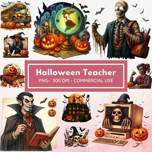 May include: A collage of Halloween-themed illustrations featuring pumpkins, bats, and spooky characters. The central image reads "Halloween Teacher" with details about the file type and usage.