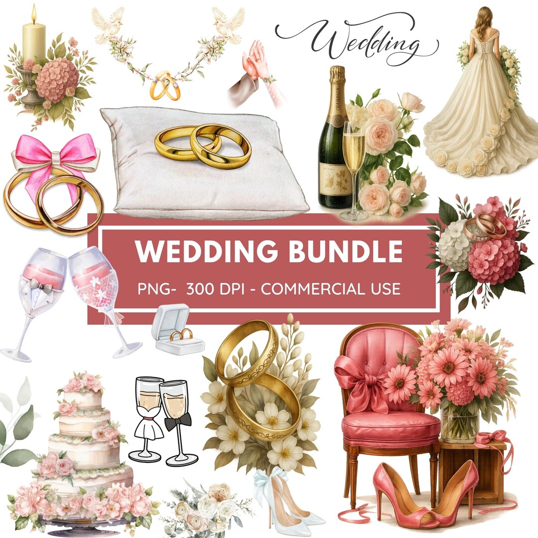 Wedding Clipart Bundle Minimal Art Design | Watercolor Boho Wedding PNG ...