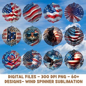 May include: Set of 12 digital designs for wind spinners featuring various patriotic themes, including American flags, stars, stripes, and a cat wearing a patriotic bandana. The designs are in a circular shape and are perfect for sublimation printing.