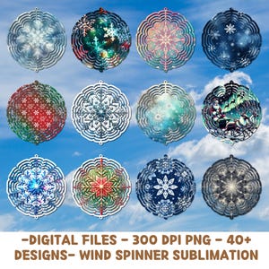 May include: Set of 12 digital designs for wind spinners featuring various snowflake patterns in blue, green, red, and white. The designs are perfect for sublimation printing.