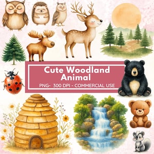 Watercolor Woodland Animal Clipart: Nursery Decor, Commercial Use (PNG, PDF Download)