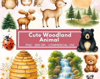 Cute Woodland Animal Clipart - Kid's Clipart - Sublimation - Watercolor - Nursery Clipart - Forest Animals Png - Commercial use - Woods