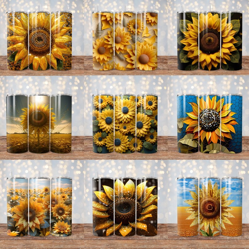 May include: Nine different designs of stainless steel tumblers featuring sunflowers in various styles. The tumblers are all the same size and shape, and they have a straw hole in the lid.