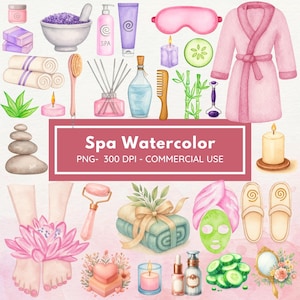 Watercolor Spa Clipart: Glam Pamper Party Graphics (Commercial Use, 300 DPI, Digital Download)