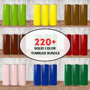 May include: A set of 220+ solid color tumblers in various colors, including green, yellow, brown, red, pink, blue, and green. The tumblers are arranged in rows of three, with a sign in the middle that reads "220+ SOLID COLOR TUMBLER BUNDLE".