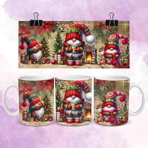 May include: Three white ceramic mugs with a Christmas gnome design. Each mug features a different gnome wearing a red and green hat, holding a cup of hot cocoa. The background is a festive Christmas scene with poinsettias, pine trees, and a fireplace.