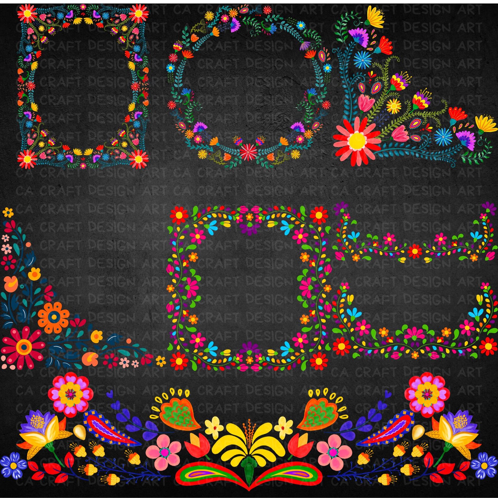 Mexican Flowers Fiesta Party Clipart Bundle, Watercolor Vibrant Floral ...